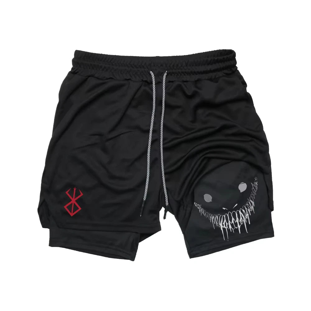 Berserk Shorts de Fitness Masculino com Estampa de Rosto Sorridente, Camada Dupla 2 em 1, Secagem Rápida, Fitness, Lazer ao Ar Livre, Treinamento, Esportes, Shorts