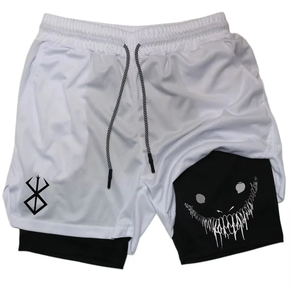 Berserk Shorts de Fitness Masculino com Estampa de Rosto Sorridente, Camada Dupla 2 em 1, Secagem Rápida, Fitness, Lazer ao Ar Livre, Treinamento, Esportes, Shorts