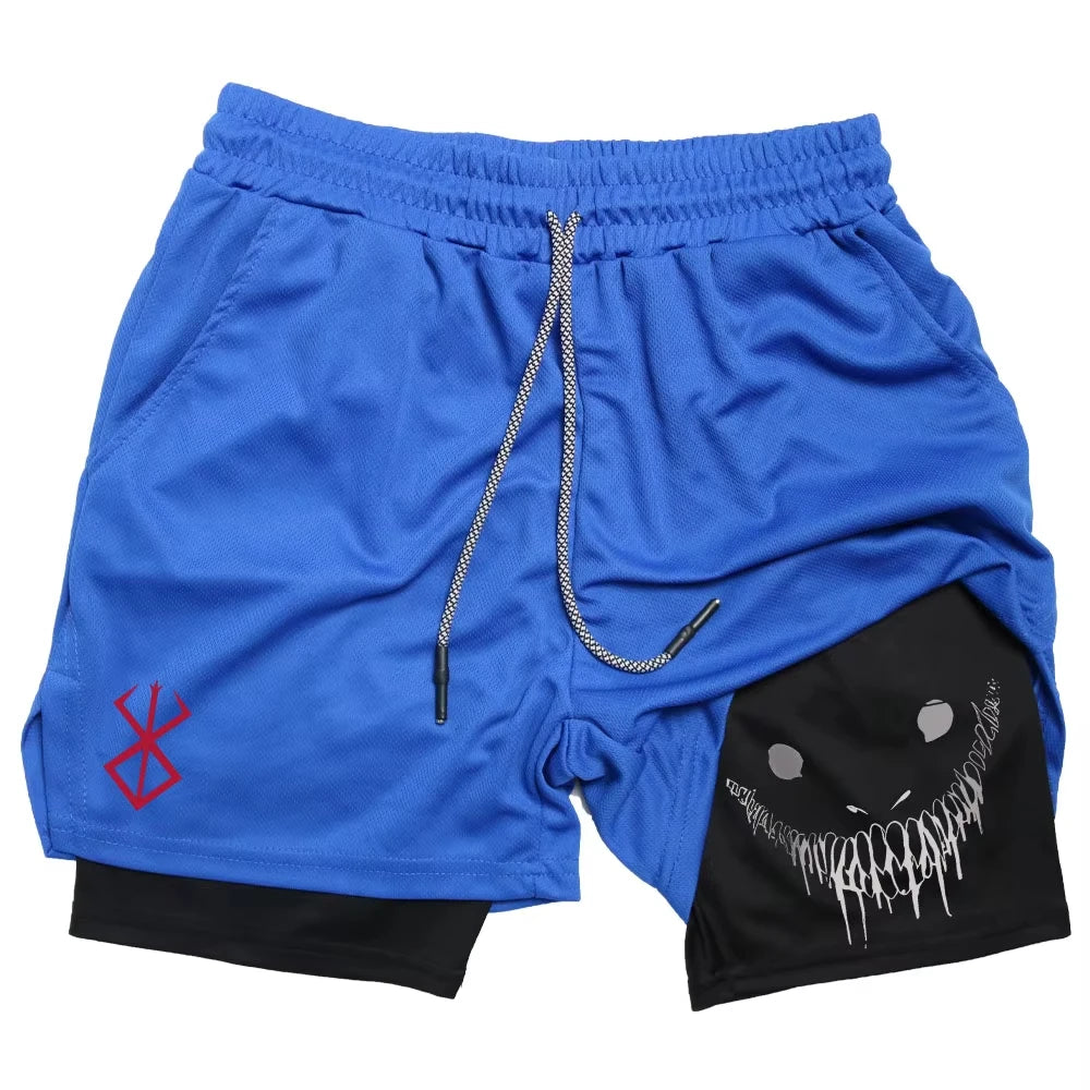 Berserk Shorts de Fitness Masculino com Estampa de Rosto Sorridente, Camada Dupla 2 em 1, Secagem Rápida, Fitness, Lazer ao Ar Livre, Treinamento, Esportes, Shorts