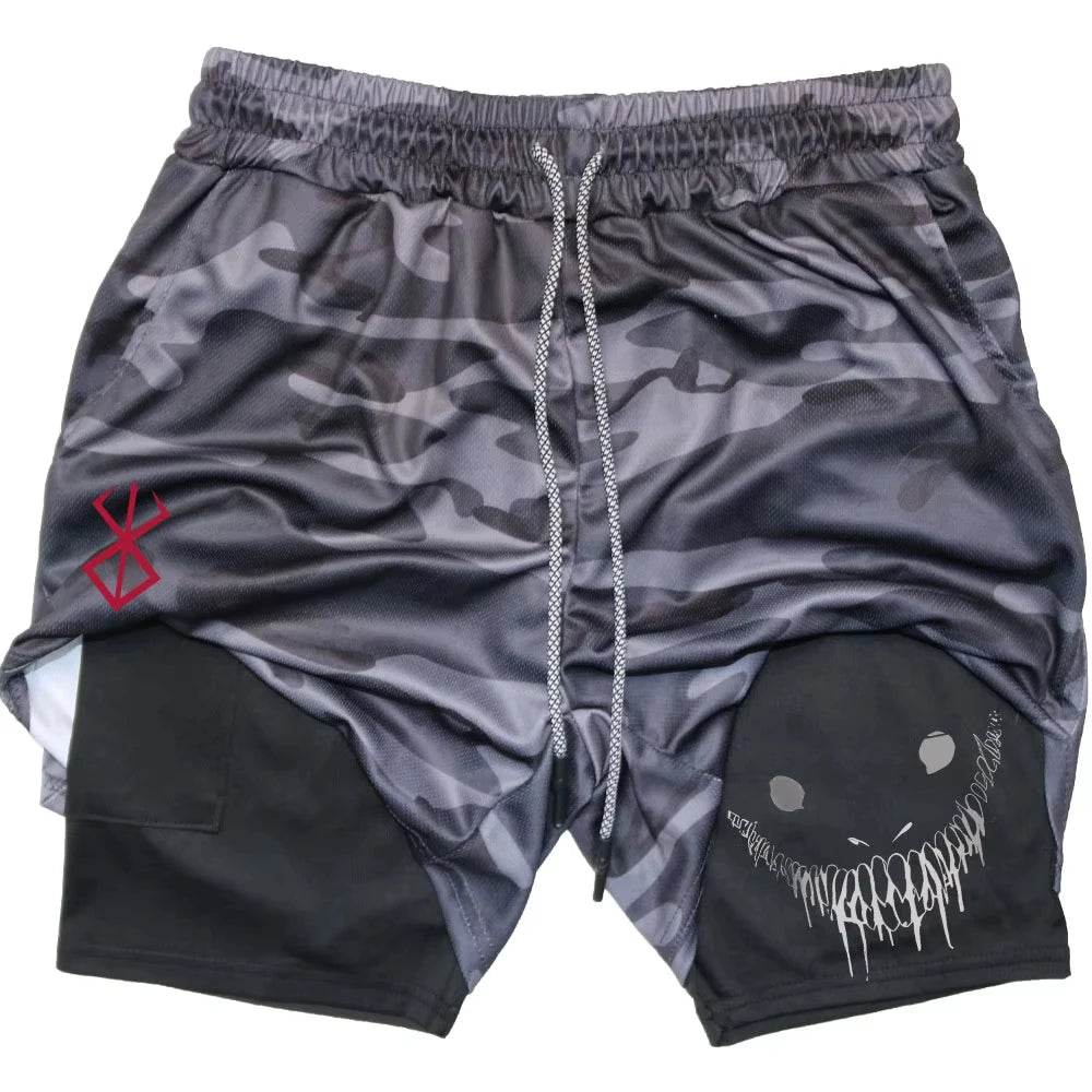 Berserk Shorts de Fitness Masculino com Estampa de Rosto Sorridente, Camada Dupla 2 em 1, Secagem Rápida, Fitness, Lazer ao Ar Livre, Treinamento, Esportes, Shorts