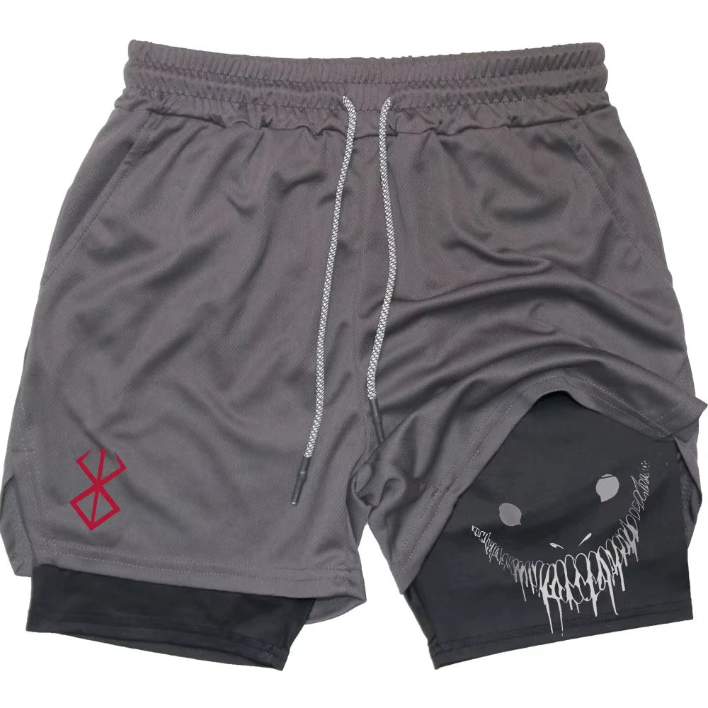 Berserk Shorts de Fitness Masculino com Estampa de Rosto Sorridente, Camada Dupla 2 em 1, Secagem Rápida, Fitness, Lazer ao Ar Livre, Treinamento, Esportes, Shorts