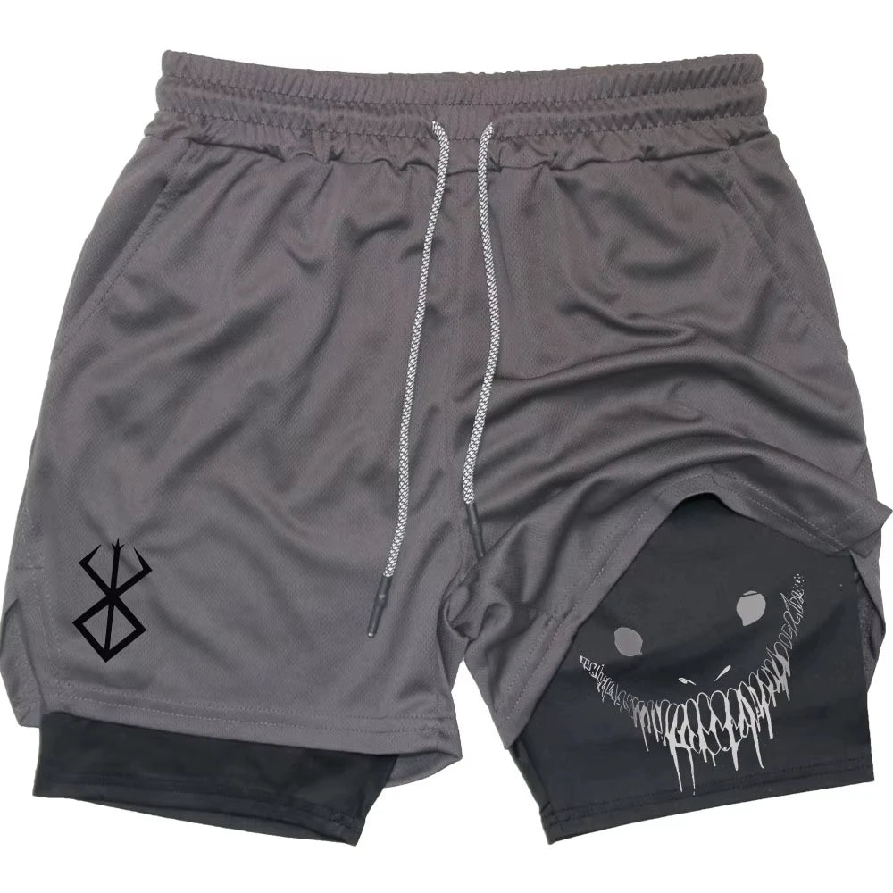 Berserk Shorts de Fitness Masculino com Estampa de Rosto Sorridente, Camada Dupla 2 em 1, Secagem Rápida, Fitness, Lazer ao Ar Livre, Treinamento, Esportes, Shorts