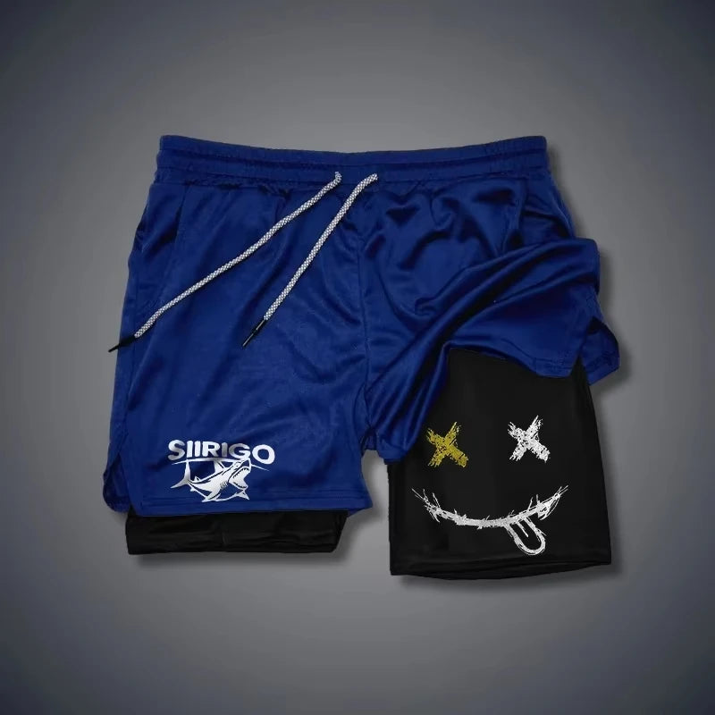 2025 Shorts de fitness masculinos com estampa de rosto sorridente, camada dupla 2 em 1, secagem rápida, fitness, lazer ao ar livre, treinamento, shorts esportivos