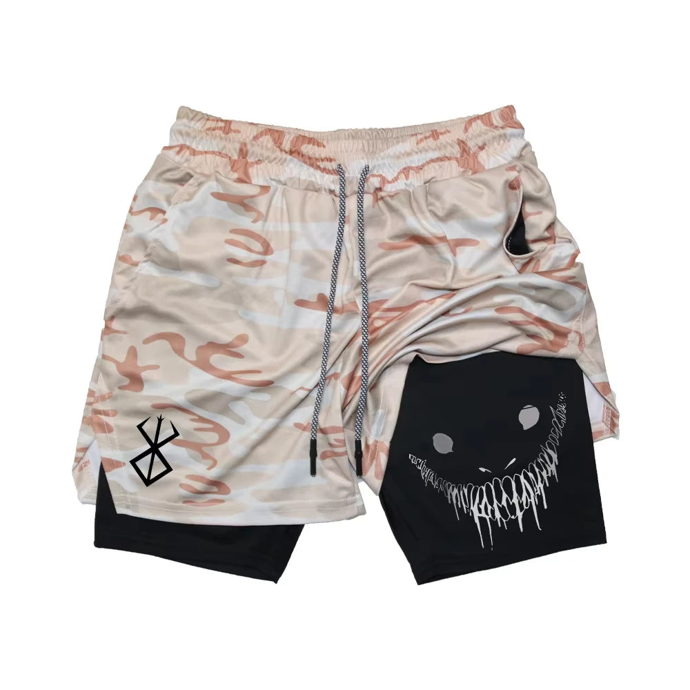 Berserk Shorts de Fitness Masculino com Estampa de Rosto Sorridente, Camada Dupla 2 em 1, Secagem Rápida, Fitness, Lazer ao Ar Livre, Treinamento, Esportes, Shorts