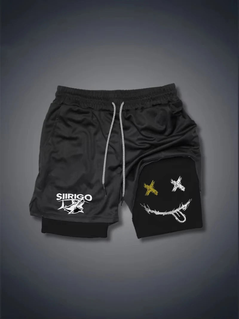 2025 Shorts de fitness masculinos com estampa de rosto sorridente, camada dupla 2 em 1, secagem rápida, fitness, lazer ao ar livre, treinamento, shorts esportivos