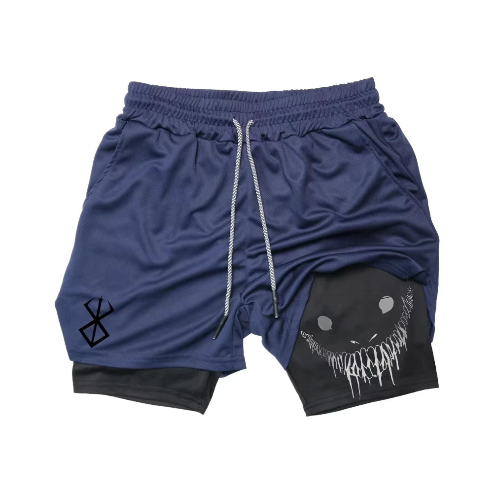 Berserk Shorts de Fitness Masculino com Estampa de Rosto Sorridente, Camada Dupla 2 em 1, Secagem Rápida, Fitness, Lazer ao Ar Livre, Treinamento, Esportes, Shorts