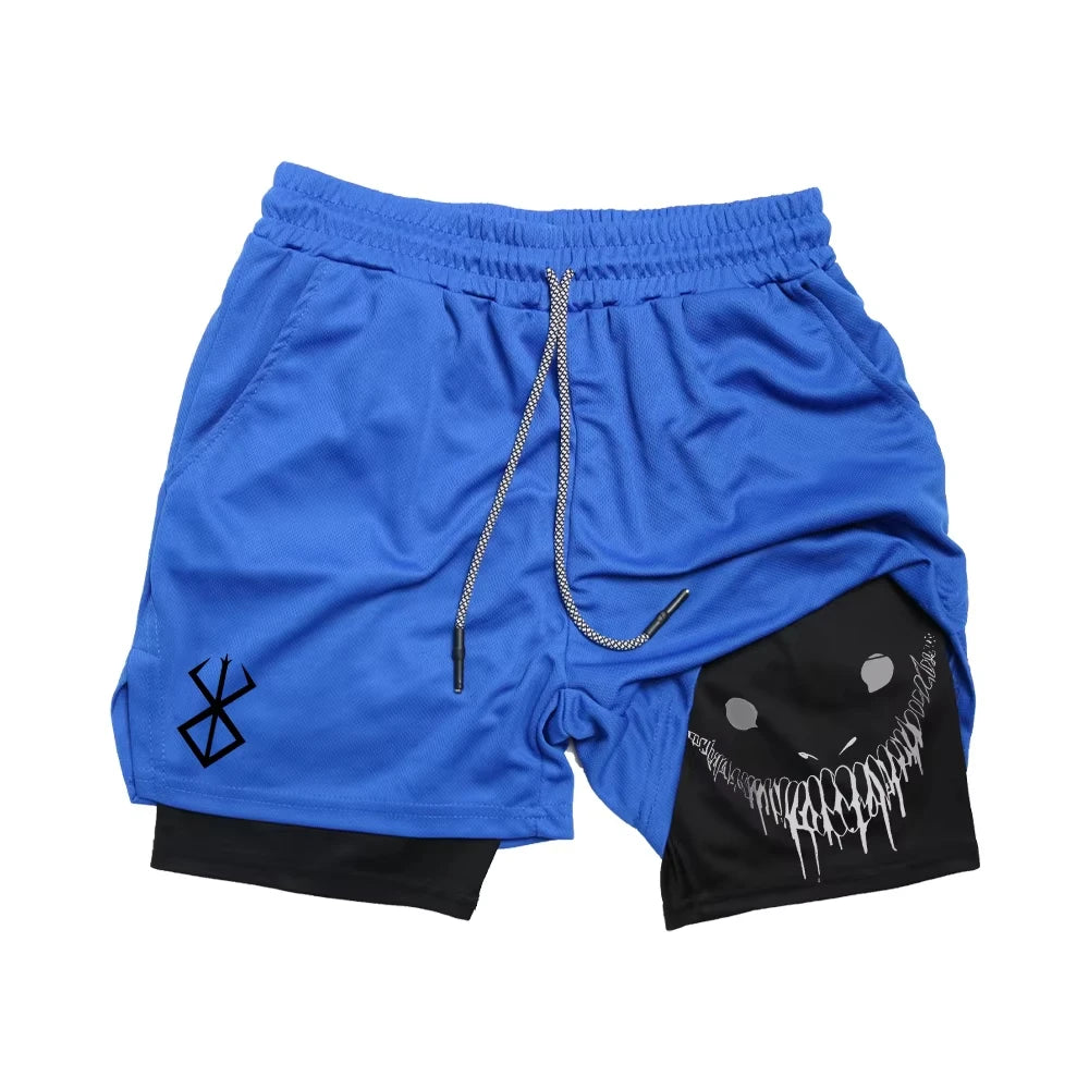 Berserk Shorts de Fitness Masculino com Estampa de Rosto Sorridente, Camada Dupla 2 em 1, Secagem Rápida, Fitness, Lazer ao Ar Livre, Treinamento, Esportes, Shorts