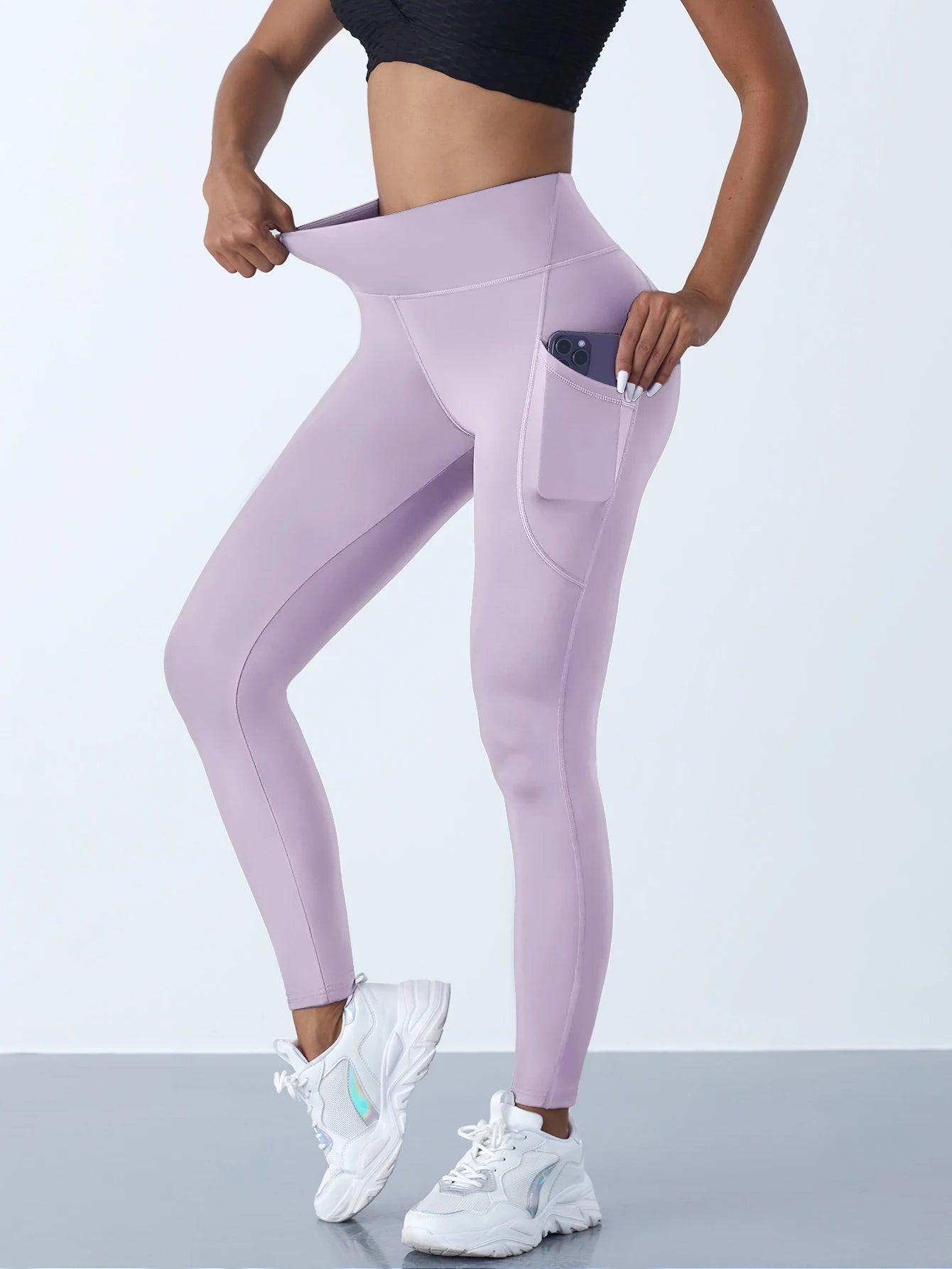 Novas leggings femininas de cintura alta, calças elásticas de ioga, calças justas com bolsos, push up, fitness, corrida, roupas esportivas, calças de cor sólida