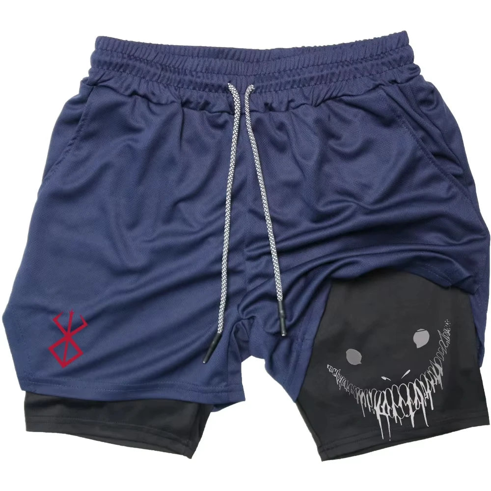 Berserk Shorts de Fitness Masculino com Estampa de Rosto Sorridente, Camada Dupla 2 em 1, Secagem Rápida, Fitness, Lazer ao Ar Livre, Treinamento, Esportes, Shorts