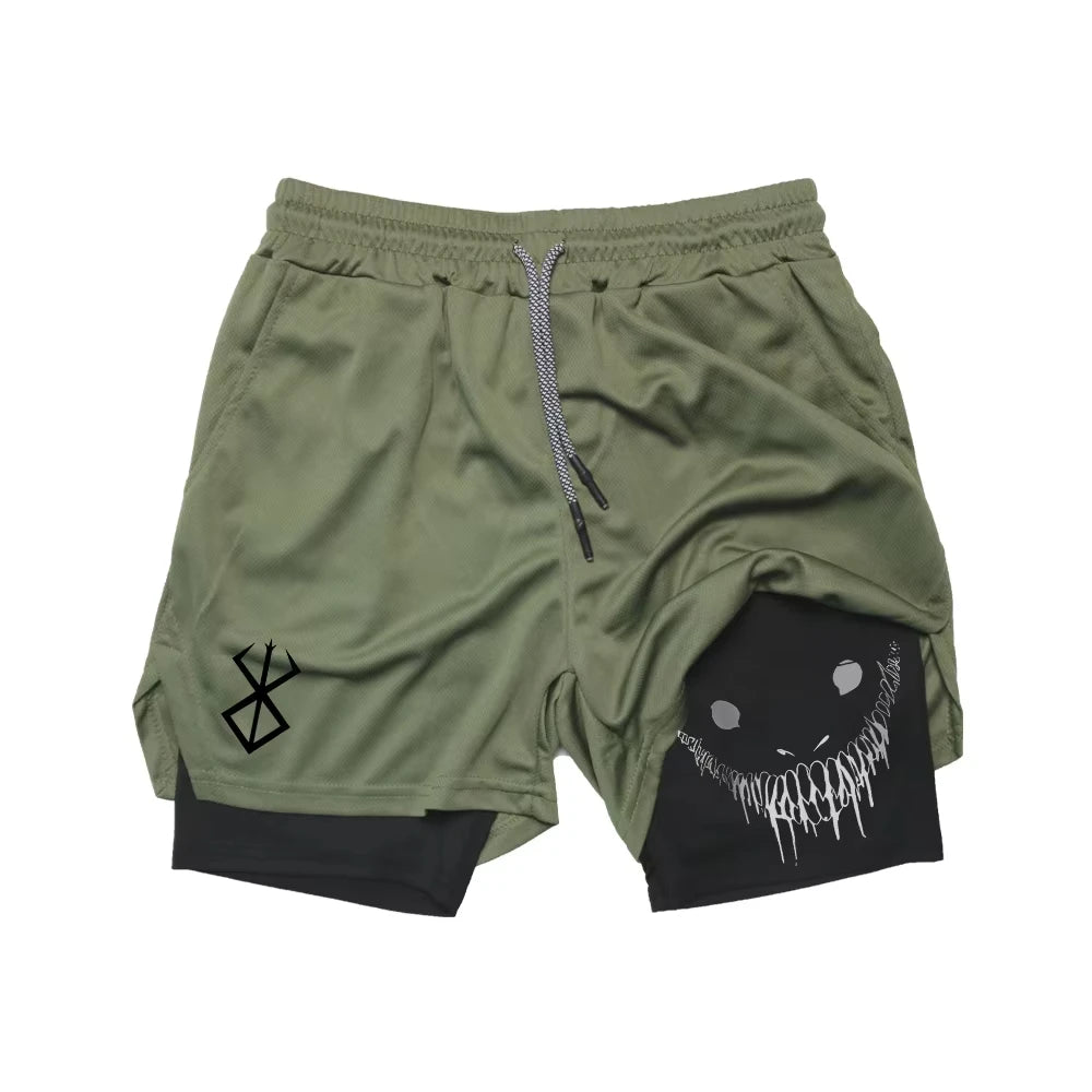 Berserk Shorts de Fitness Masculino com Estampa de Rosto Sorridente, Camada Dupla 2 em 1, Secagem Rápida, Fitness, Lazer ao Ar Livre, Treinamento, Esportes, Shorts