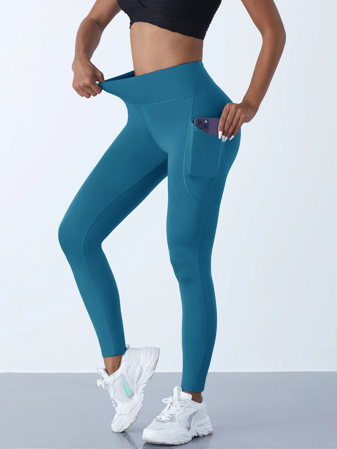 Novas leggings femininas de cintura alta, calças elásticas de ioga, calças justas com bolsos, push up, fitness, corrida, roupas esportivas, calças de cor sólida