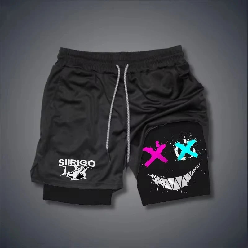 2025 Shorts de fitness masculinos com estampa de rosto sorridente, camada dupla 2 em 1, secagem rápida, fitness, lazer ao ar livre, treinamento, shorts esportivos