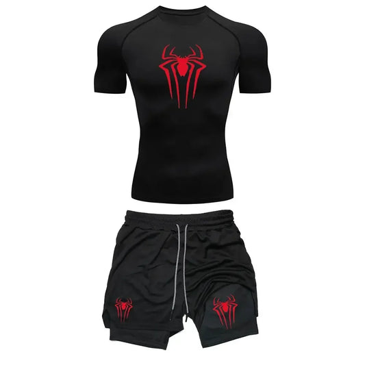 Conjunto de compressão de treino masculino Y2K Spider Printed Gym Camisetas Shorts de corrida respiráveis Esportes de secagem rápida Rash Guard Conjunto de roupas esportivas