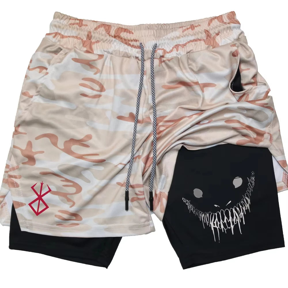 Berserk Shorts de Fitness Masculino com Estampa de Rosto Sorridente, Camada Dupla 2 em 1, Secagem Rápida, Fitness, Lazer ao Ar Livre, Treinamento, Esportes, Shorts