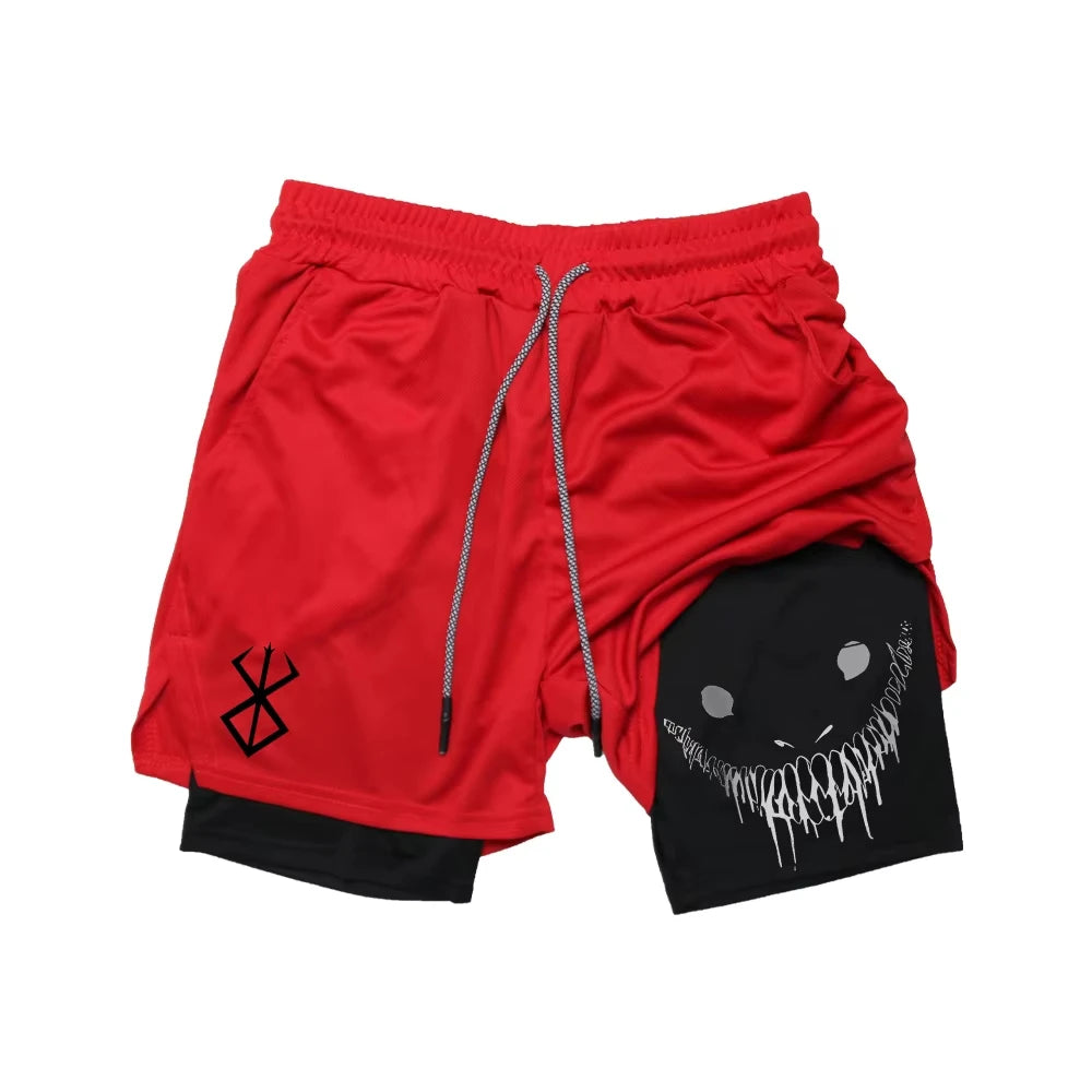 Berserk Shorts de Fitness Masculino com Estampa de Rosto Sorridente, Camada Dupla 2 em 1, Secagem Rápida, Fitness, Lazer ao Ar Livre, Treinamento, Esportes, Shorts