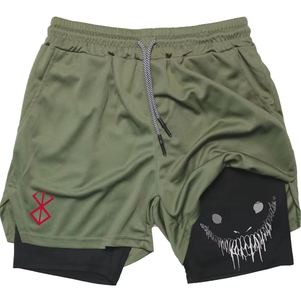 Berserk Shorts de Fitness Masculino com Estampa de Rosto Sorridente, Camada Dupla 2 em 1, Secagem Rápida, Fitness, Lazer ao Ar Livre, Treinamento, Esportes, Shorts